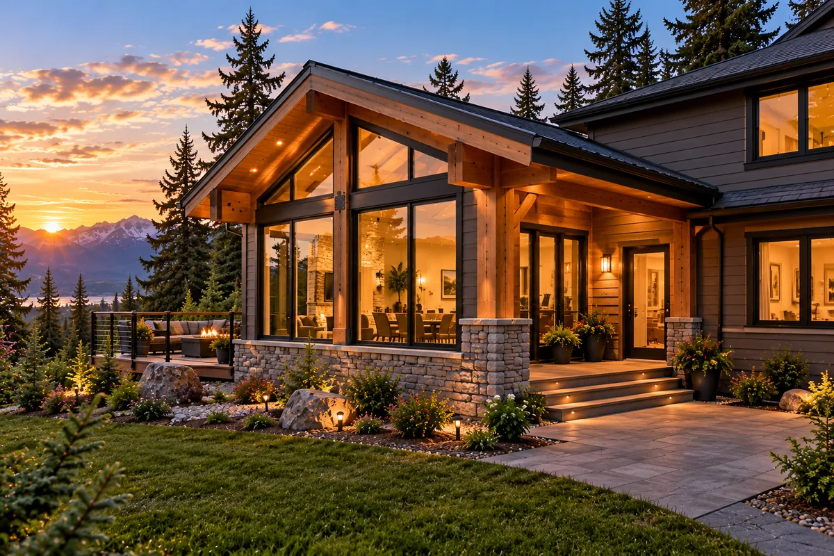 Concept artwork of a vaulted, glass-fronted living-space addition with timber beams, stone foundations and broad entry steps.