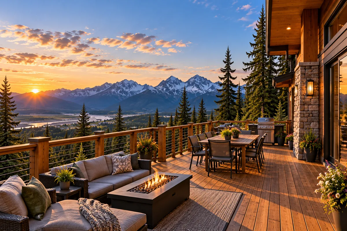 Concept artwork of a wood deck with lounge seating, a fire table and outdoor dining overlooking a mountain valley.
