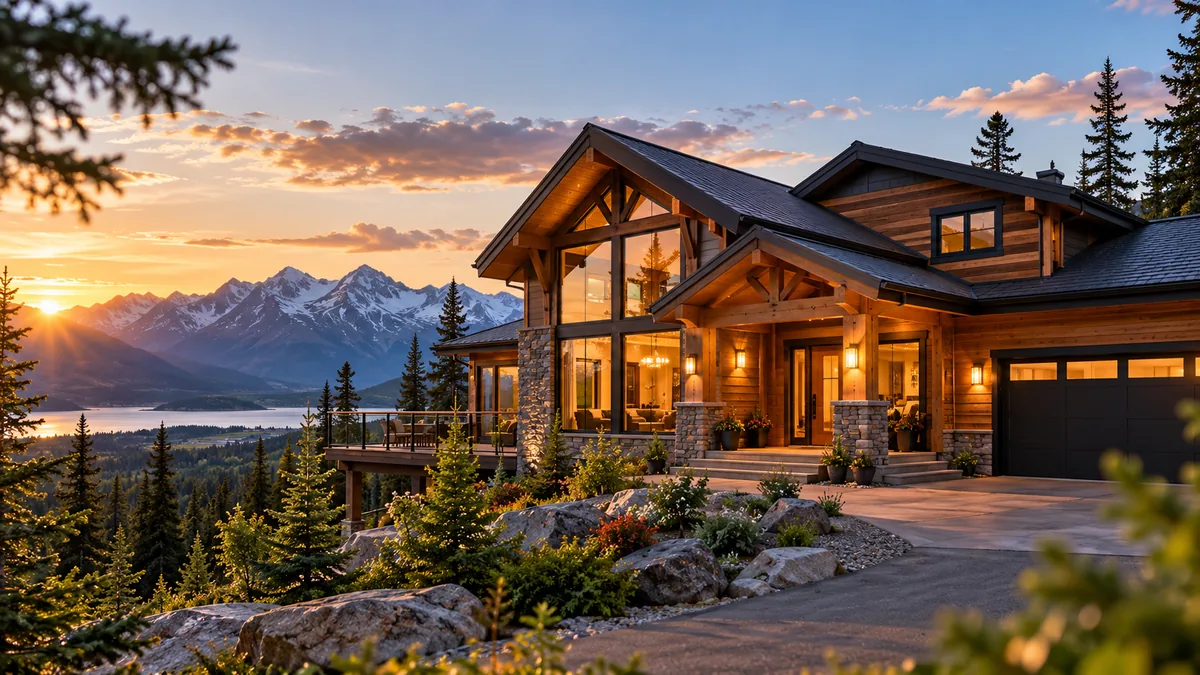 Concept artwork of a timber-and-stone home with glowing windows above a mountain valley at sunset.