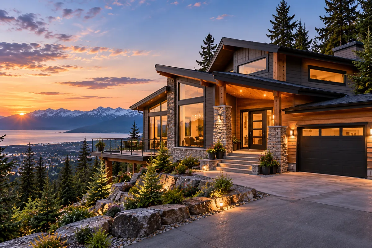 Concept artwork of a hillside home with cedar accents, stone columns and a glass-railed deck overlooking mountains.