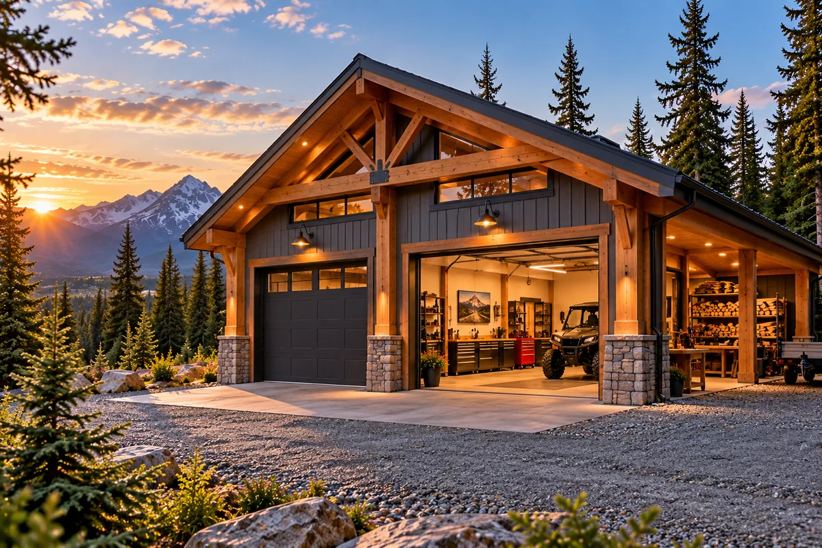 Concept artwork of a timber-framed two-bay garage with an open workshop, tool storage and a covered wood store.